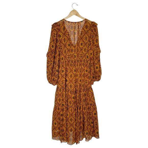ULLA JOHNSON Aliya Silk Ruffled Long Sleeve Midi Dress Ochre - Picture 7 of 14